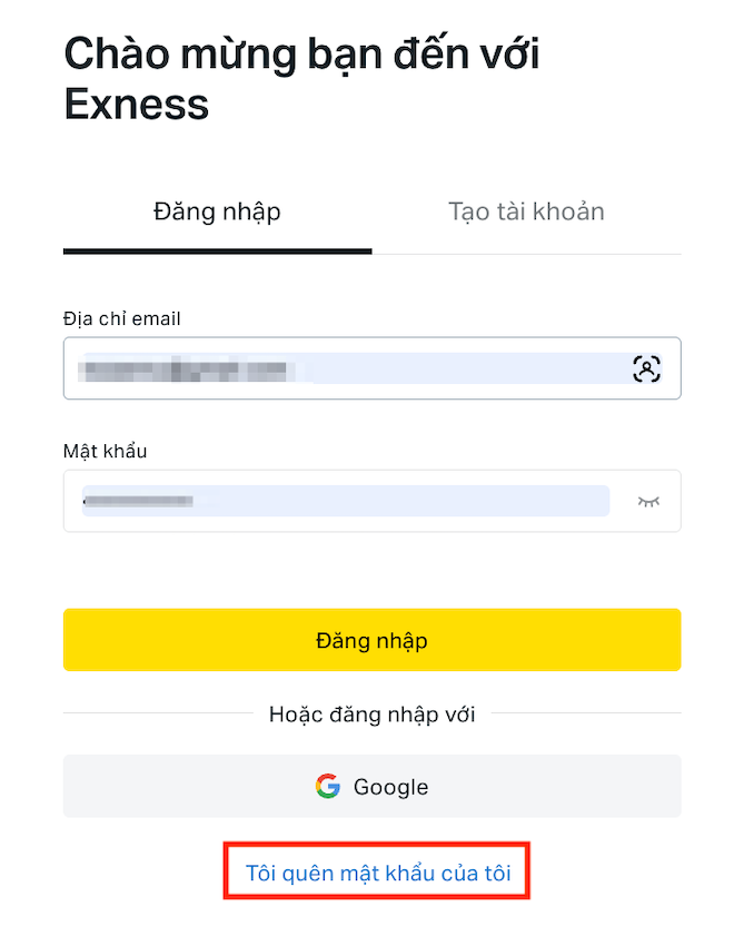 １、Tại trang đăng nhập, nhấn vào mục “Tôi quên mật khẩu của tôi”.