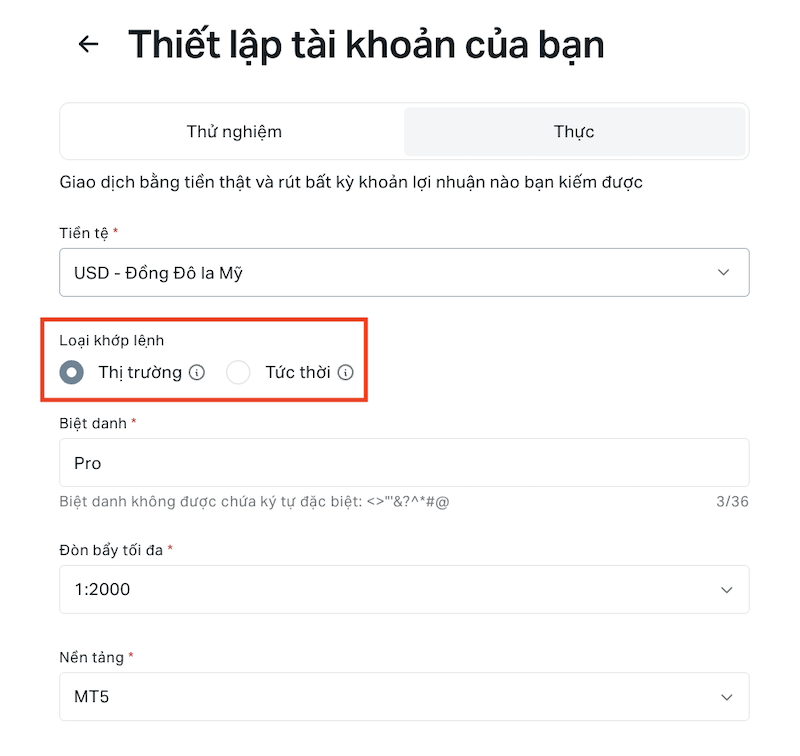 Nếu không chọn cơ chế khớp lệnh khi mở tài khoản Pro, mặc định sẽ là khớp lệnh thị trường