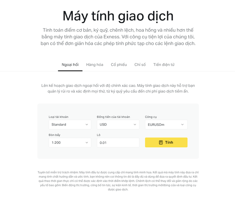 Sàn Exness có những thông số nào trong Trading Calculator?