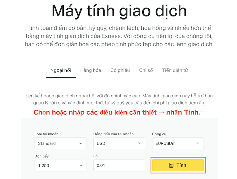 Cách dùng Trading Calculator của Exness (dành cho tài khoản đã đăng nhập)